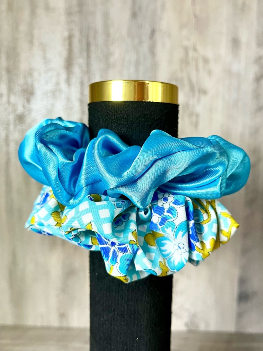 Satin Blue Scrunchies OOAK Handmade Floral Gingham & Sparkles Set Of Two